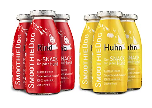Hunde Smoothie SmoothieDog 6er Mix - je 3X: Huhn, Rind - Flüssiges Hundeleckerli - Zucker- & glutenfrei - je 250ml