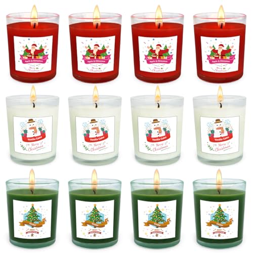 Christmas Scented Glass Votive Candle Set - 12 Pack, Holiday Fragrances: Apple & Cinnamon, Vanilla Cake, and Cedar - Festive Decor Candles for Home Parties Gifts