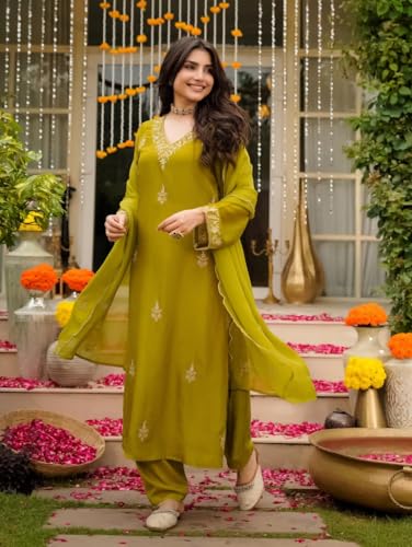 Image of Klosia Women Embroidery Solid Straight Kurta and Pant Set with Dupatta