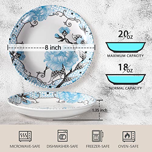 Artena Pasta Bowls Set Of 4, 20Oz Porcelain Salad Bowls, 8 Inch Bowls For Kitchen, Colorful Dinner Plates, Serving Bowls For Entertaining, Shallow Bowl For Eating, Microwave, Oven Safe, Blue Peony #TOP1