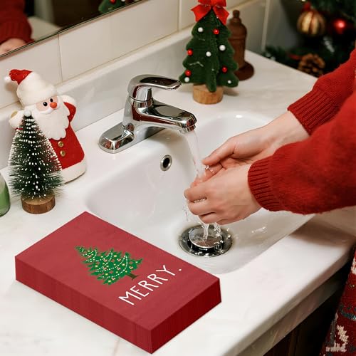 WRAPAHOLIC 50Pcs Christmas Paper Napkins - 3 Ply Merry Xmas Tree Pattern Guest Disposable Hand Towels for Bathroom, Christmas, Holiday, Party Celebration - 4.3 x 7.9 In – Image 8