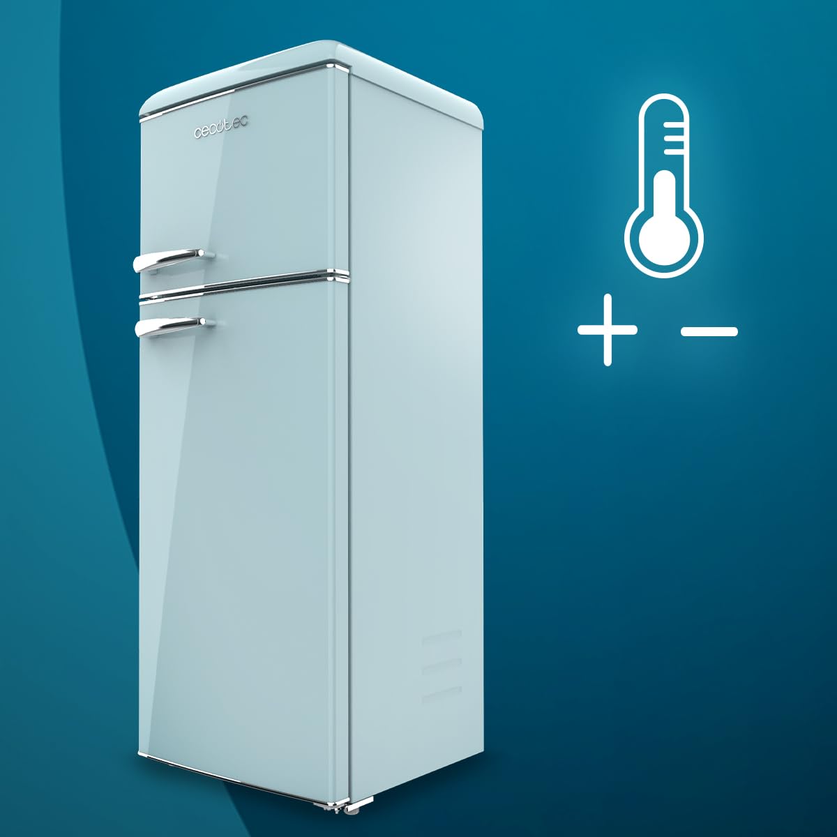 Cecotec Frigorífico 2 Puertas Retro de 215 L Bolero CoolMarket 2D Origin 215 Blue E. Altura 148,2 cm y 55,2 cm de Ancho, Luz, Tirador Cromado, Bandejas Cristal, Control de Temperatura, Azul — view 9