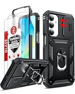 LeYi for Samsung Galaxy A17 4G/5G Phone Case with Camera Cover Slider, 2 Tempered Glass Screen Protector, Ring Stand Holder, 360° Full Body Tough Armour Cover Hard Heavy Duty Protective, Black