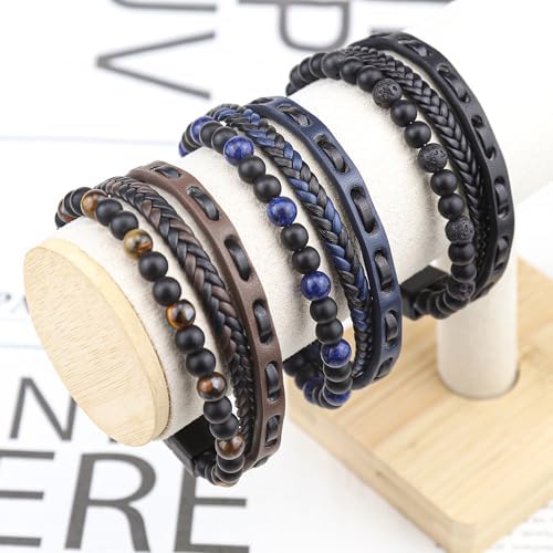 Bracciale Uomo In Pelle Con Pietra Occhio Di Tigre, Lunghezza 21 Cm, Chiusura Magnetica, Nero, Marrone, Blu