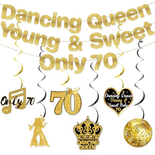 Dancing Queen Young & Sweet Only 70 Banner Gold Glitter, 70th Birthday Decorations for Women, 70th Birthday Banner with Hanging Swirls, 70s Dancing Queen Party Decorations Decor Favors