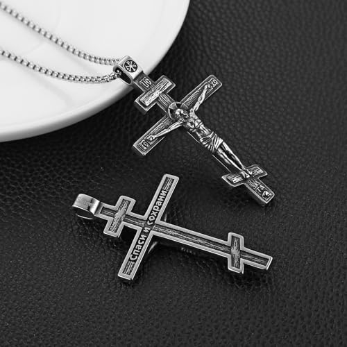 HZMAN Eastern Orthodox Cross Necklace for Men Retro Religious Jesus Crucifix Byzantine Cross Christian Pendant Necklace3