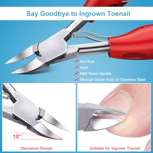 Orelex Nagelschere für dicke und tief eingewachsene Zehennägel, Toehensäure -Clippers aus Edelstahl, 4 Stücke professioneller Fingernagel Clipper, Soft Griff (Black+Red)