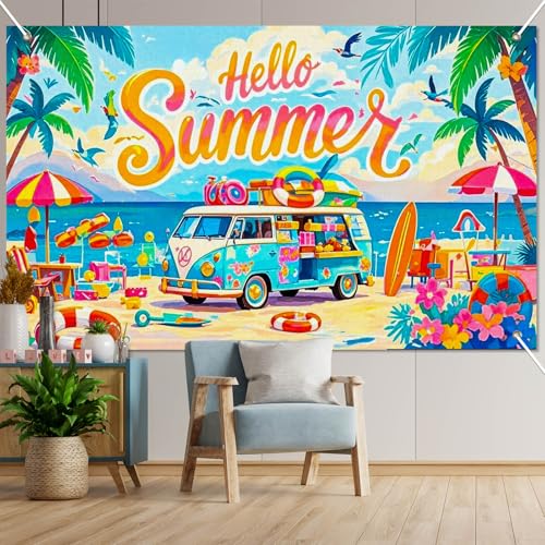 Image of BlissYard Summer Party Decorations 71 x 43 Inch Hello Summer Beach Party Backdrop Banner Surf Van Aloha Luau Party Decorations Pool Party Photo Booth Background Indoor Outdoor Wall Decor