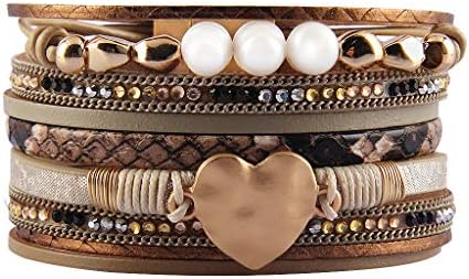 AZORA Leather Cuff Bracelet Multi Strands Beige Wrap Bangle with Pearl Boho Jewelry for Women Teen Girl Gift