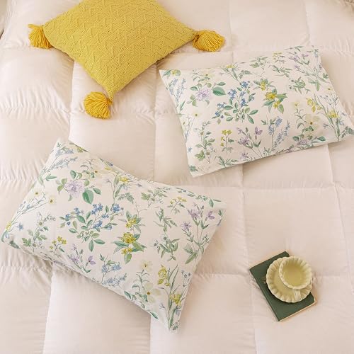 Image of ECOCOTT Floral Pillowcases Standard Size Set of 2, 100% Washed Cotton Pillow Cases with Envelope Closure, Botanical Wildflower Printed Pillow Covers