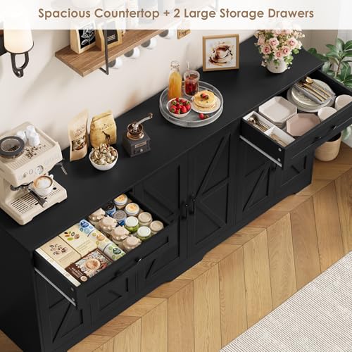 HOCSOK Sideboard, 180cm Large Kitchen Sideboard with 6 Barn Doors & 2 Drawers, Farmhouse Kitchen Cabinet with Adjustable Shelves, Buffet Cabinet for Living Room, Dining Room, Black, 180x87x34 cm - Image 5
