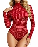 MANGOPOP Women's Sparkly Mock Turtle Neck Bodysuit Long Sleeve Shiny Rhinestone Body Suits Fall Outfits Tops (Red Large)