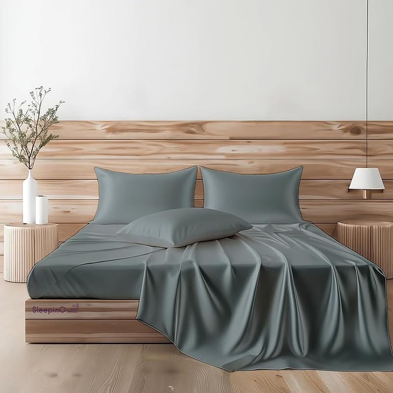 Image of Premium Satin Single Bed (60x90 Inchs) with 1 Pillow Cover Bedsheet Ultra Soft & Silky Smooth, Breathable Cooling Fabric, Luxury Glossy Finish|Coin Grey