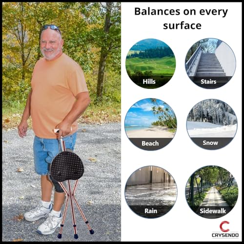 Image of Crysendo Height Adjustable Portable Walking Stick Chair with LED for Elders | Durable & Folding Cane Stool | Easy to Carry Chair Travel Hiking Hand Stick Cum Stool (Battery Included, Brown)
