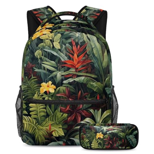Sac d'école et trousse plantes tropicales Large - Set de 2 pièces pour la rentrée