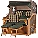 Produktbild Mr. Deko Strandkorb Baltikum Teakholz XL Volllieger Strandstuhl PE Geflecht Grey Teak Bullauge grün inkl. 4 Kissen - Wechselpolster - Strandkörbe Garten, Wintergarten, Terrasse (Dessin 524)
