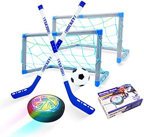 DYY Hover Hockey Set, RGB Led Light Hockey Gifts for Boys, Indoor Outdoor Hockey Set for 3 4 5 6 7 8 9 10 11 12-Year-Old Kids, USB Rechargeable and Battery Hockey Floating Air Soccer for Family Games