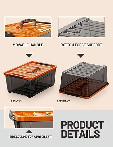 Image of WYT 5-Quart Small Storage Container Bin with Orange Secure Lid and Black Clear Latch Buckles, Durable Plastic Stackable Nestable Organizin, 6-Pack
