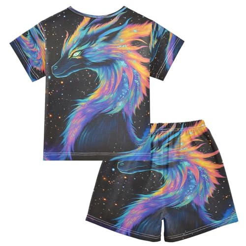 ALAZA Black Colorful Dragon Pajamas Set Short Sleeve Cotton Sleepwear Summer Pjs 2 Piece 5-14Y2