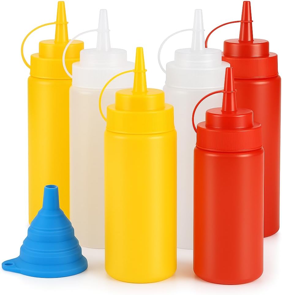 6-Pack Condiment Squeeze Bottles - 12 oz- BPA - Free Plastic Squirt Bottles for Sauces, Oil, Syrup, Seasonings and Honey and 1 Funnel - Leak-Resistant Design