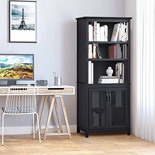Homcom 71" Bookcase Storage Hutch Cabinet With Adjustable Shelves And Glass Doors For Home Office, Kitchen, Living Room, Black #TOP1