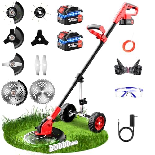 20000 RPM Electric Weed Wacker with Wheel,12″ Brushless Cordless Weed Eater Battery Powered, 4-in-1 Brush Cutter/String Trimmer/Grass Trimmer/Lawn Mower,Edger Stringless Weed Trimmer,5 Blade,2 Battery