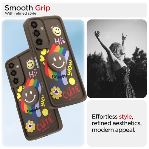 Image of Pikkme Back Cover for Samsung Galaxy M35 5G | Soft Silicone| Cute Rainbow Smile & 3D Cartoon Flower Design | Shockproof Raised Camera Protection Bumper Case (Brown)