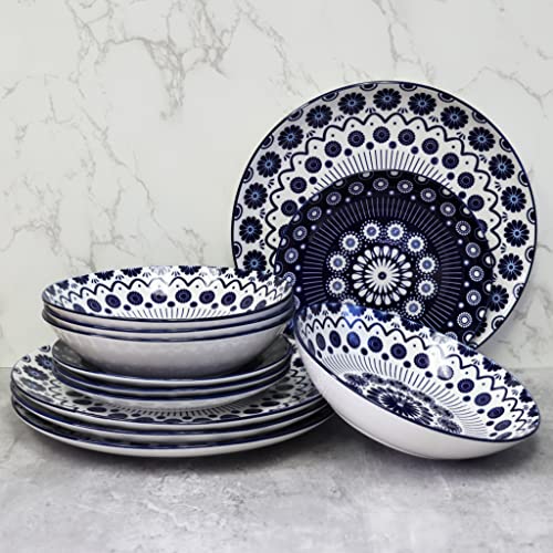 12 Pieces Dinnerware Set, Stoneware, Plates And Bowls Sets, Service For 4, Porcelain, Decorated Mod Dot Blue, Microwave Dishwasher Safe, Chip Resistant, For Everyday Casual Kitchen And Formal Dinner #TOP5