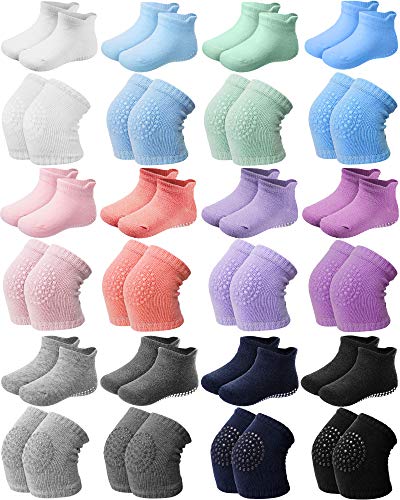 24 Pairs Unisex Baby Crawling Knee Pads and Non-Slip Socks Set Assorted Toddlers Knee Pads Leg Warmers, 1-3 Years Old