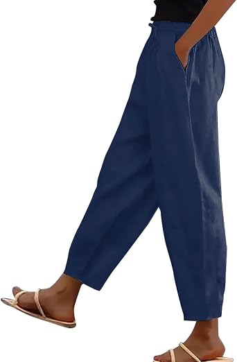 Womens Linen Pants Summer High Elastic Waist Drawstring Palazzo Pants Straight Leg Comfy Slacks with Pockets