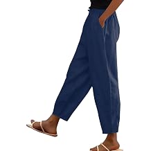 Womens Linen Pants Summer High Elastic Waist Drawstring Palazzo Pants Straight Leg Comfy Slacks with Pockets