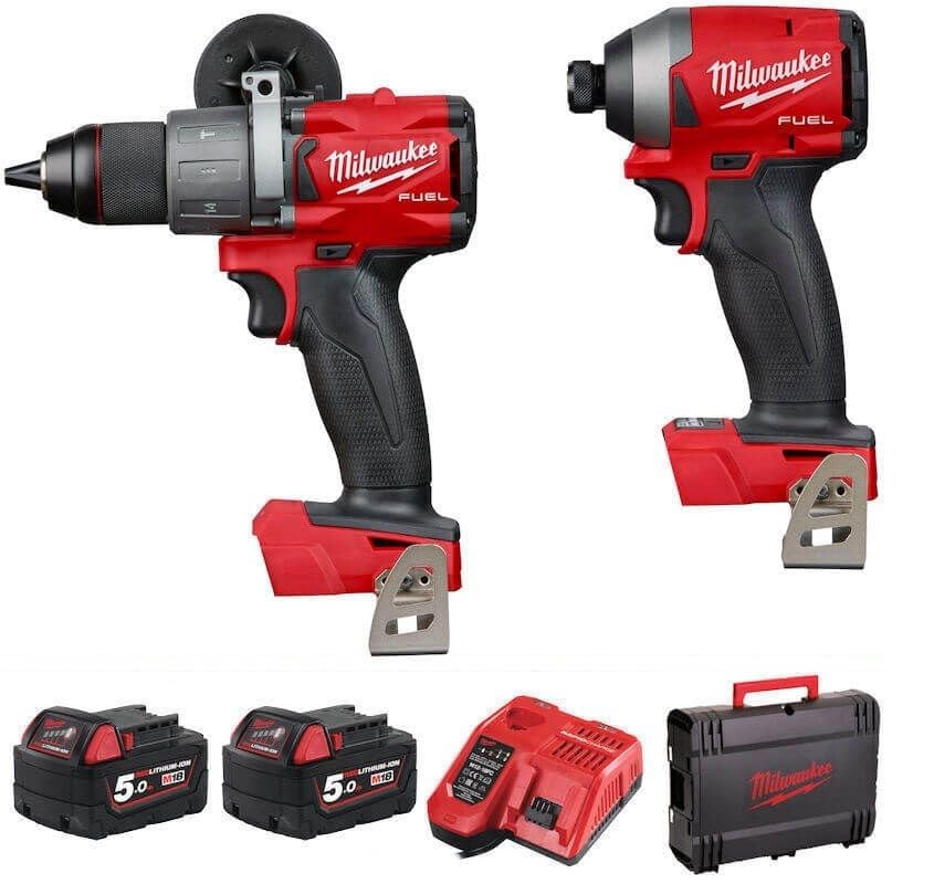 Milwaukee M18FPP2A-502X M18 Fuel Twin Pack (M18 FPD trapano a percussione, M18 FID avvitatore massa battente, 2 batterie da 5,0 ah, caricatore veloce, valigetta)
