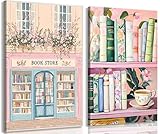 2Pcs Books Canvas Wall Art Vintage Floral Book Wall Decor Pictures Pastel Bookshelf Bookstore Themed Painting Artwork Color Prints for Living Room Bedroom Reading Nook Decoration 12x16in