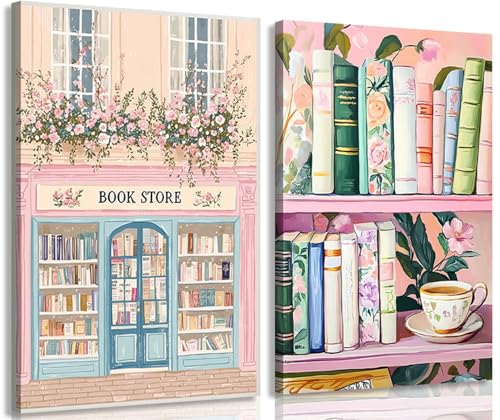 2Pcs Books Canvas Wall Art Vintage Floral Book Wall Decor Pictures Pastel Bookshelf Bookstore Themed Painting Artwork Color Prints for Living Room Bedroom Reading Nook Decoration 12x16in