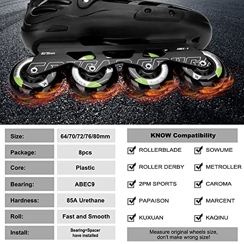 Pacote com 8 rodas de skate em linha de 64 mm, 70 mm, 72 mm, 76 mm, 80 mm, rodas de substituição em