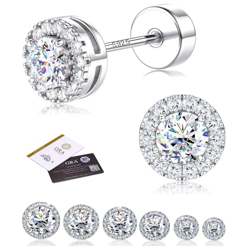 Moissanite Stud Earrings with Flat Back - 925 Sterling Silver D Color VVS1 Moissanite Earring for Women Men White Gold Plated Brilliant Halo Stud Earrings Hypoallergenic Jewelry Gift 4MM