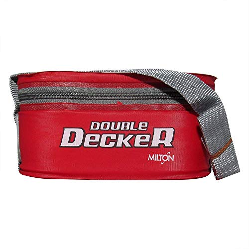 Image of MILTON Double Decker Plastic Lunch Box with Insulated Jacket, 3 Containers (450 ml, 280 ml, 280 ml), Microwavable & Leak-Proof Tiffin for Office, School, College, Red