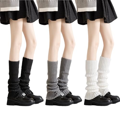 GWAWG 3 Paar Beinwärmer, gestrickte Knöchelwärmer 80er Jahre für Mädchen Damen, Schwarz Weiß Grau Kniewärmer, Winter Schlicht Gerippte Stiefelmanschetten Warm für Eislaufen Yoga Party Tanz