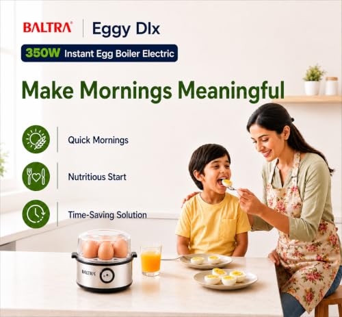 Image of BALTRA Eggy Dlx 350W Instant Egg Boiler Electric | Boils 7 Eggs at Once | 3 Boiling Modes | Stainless Steel Body with Poaching Tray & Heating Plate | Auto Power Off for Safe and Convenient Cooking