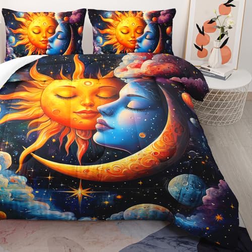 Image of AILONEN Sun and Moon Comforter Set Full Size, Magic Clouds Space Planet Starry Bedding Set,3Pcs Soft Microfiber Duvet with 2 Pillowcases