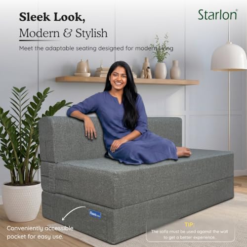 Image of Starlon 3 Seater Foldable Sofa Cum Bed 3-in-1 with Washable Jute Fabric Cover, Space Saving Guest Bed for Living Room & Apartment, Pre-Assembled Ash Gray 5x6.5 Ft