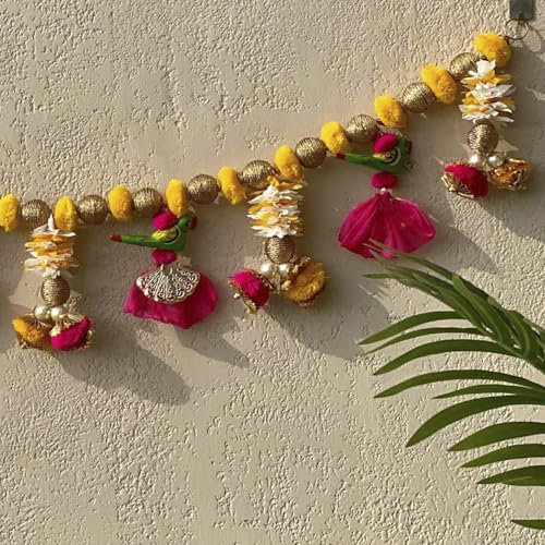 Image of Kaameri Bazaar Traditional Handmade toran|Multicolor String with gota pom pom, Parrot and Beads|for Diwali Decorations Items Fancy Decorative Garland Door Hanging, Bandarwal, Toran, 42 Inch