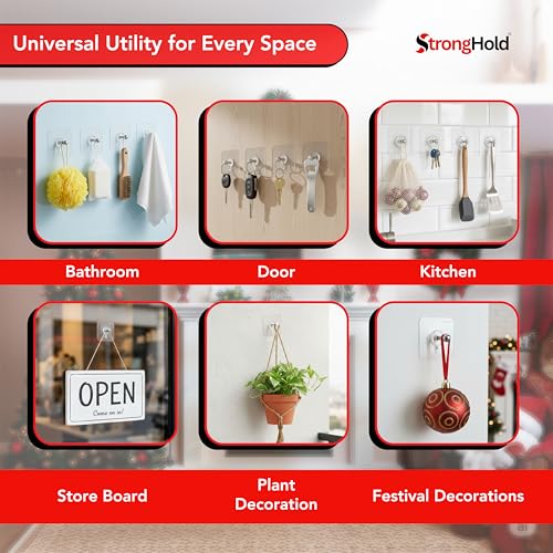 Image of StrongHold Wall Hook Combo Pack of 9 - (3 Pcs of Each Hooks) | Self Adhesive Photo FrameHooks, ScrewHooks & FlowerHooks | Heavy Duty Transparent & Stainless Steel Wall Hooks