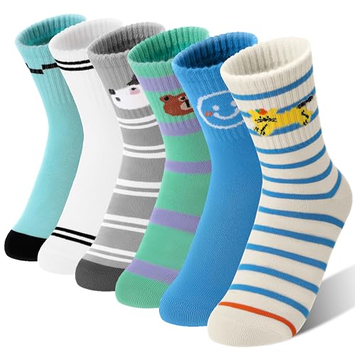 SAVALOS Kids Boys Socks Athletic Basketball Sport Crew Cotton Striped Gift Socks 6 Pairs Stocking Stuffers(Cartoon 5-8 Years)
