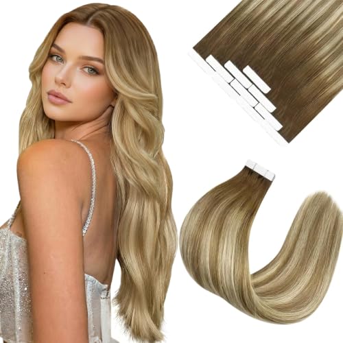 Image of Ve Sunny Hair Tape in Extensions Brown with Blonde Real Human Hair | Real Human Hair Tape ins,Special Occasion Hair,16Inch 25g 10Pcs,Easy to be Style,for Daily Wear