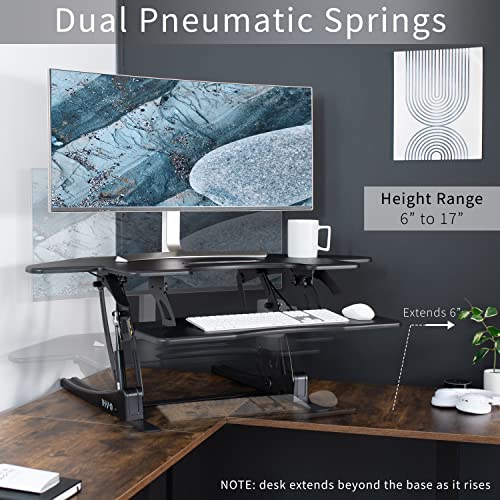 Image of VIVO Black 43 inch Corner Desk Converter, DESK-V000VC | Large, Height Adjustable, Stand Up Desk Riser, Wide Keyboard Tray, Standing Dual Monitor and Laptop Workstation, V Series