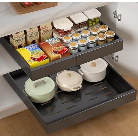 Seinloes 1 Pack Expandable Pull Out Cabinet Organizer 21" Deep, Upgrade 3 Slide Rails Slide Out Drawer for Kitchen Cabinets, No Drill Roll Out Shelf Adhesive, Adjustable Width 12.05"-20.4" Black Cover