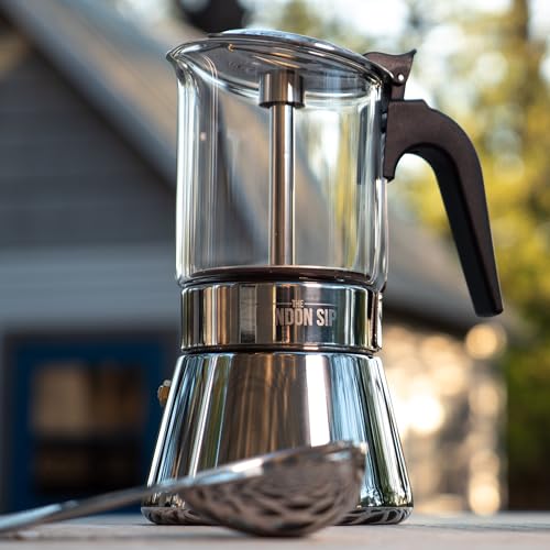 Image of The London Sip Glass and Stainless Steel Stovetop Espresso Maker Moka Pot Italian Coffee Percolator, Glass, Small (5.07 oz)