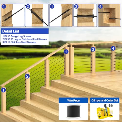 Image of BLIKA 100 Pack 1 /8 inch Black Cable Railing Kit Left &Right Swage Lag Screws for Wood Posts, T316 Stainless Steel, Wire Railing Kit for Decks with Wrench, Deck Stair Black Cable Railing Hardware