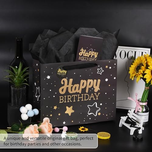 Image of 13 inch Black Happy Birthday Gift Bag with Tissue Paper and Greeting Card for Party,Happy Birthday Gift Bag for Men Women,Gift Bags Medium size(5 PCS Black Hot Stamping)